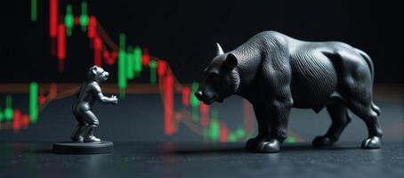 A dynamic closeup view of Bull and Bear positioned beside fluctuating stock price charts featuring sharp details on the animal forms under a soft digital glow photo