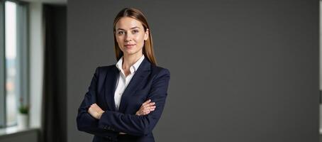 Businesswoman in power pose portrayed realistically within an office setting photo