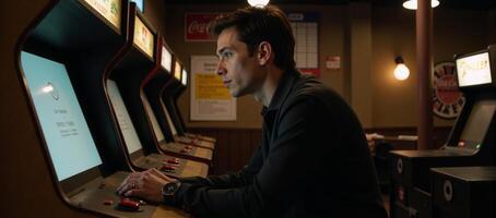 Nostalgic gaming experience featuring a retrostyled arcade with a man in brown photo