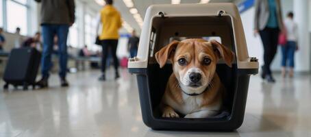 A cute dog is depicted with a pet carrier at a busy airport terminal photo
