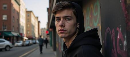 Young man gazes at gritty cityscape amidst themes of urban delinquency and youth challenges photo