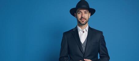 Man in black suit hat stands before blue backdrop photo