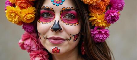 Closeup portrait featuring woman adorned with Day of the Dead makeup surrounded by flowers photo