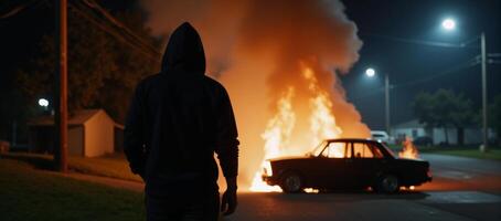 Hooded individual strolling by flaming vehicle under cover of darkness photo