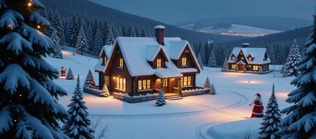 Snowy Christmas village illustration showcasing illuminated houses trees and characters photo