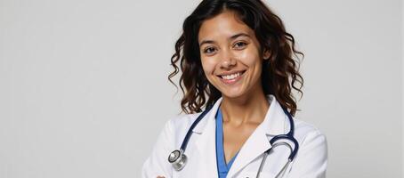 A selfassured yet friendly young doctor dons a white lab coat and stethoscope signifying professionalism and warmth photo