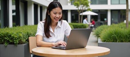 A laughing businesswoman is depicted working on her laptop amidst an office park setting photo