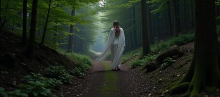 Ghost depicted standing on a woodland trail within a dense spooky forest photo