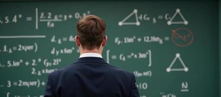 A businessman ponders amidst a wall of queries on a chalkboard photo