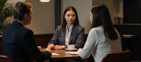 A young professional discusses her career growth with seniors over coffee in a casual office setting photo