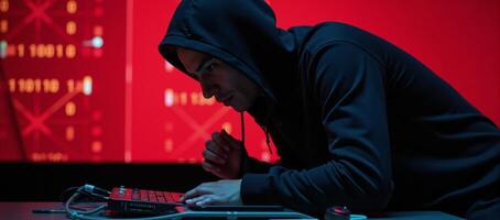 Digital illustration Hacker atop hood against glowing neonred background symbolizing cyber threat and security concern photo