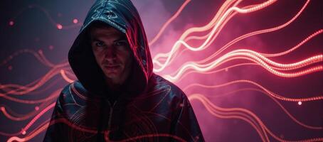 Mystical hooded figure amidst vibrant abstract light trails symbolizing contemporary digital aesthetics photo