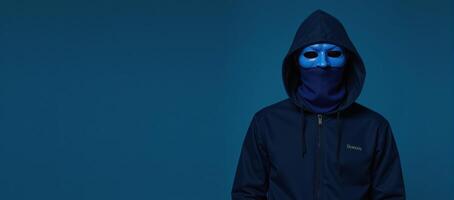 Bluemasked veiled individual with hood on blue studio backdrop photo