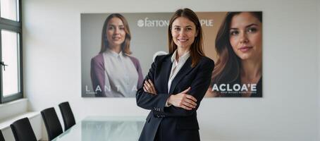 Confident White Businesswoman undergoing internship leadership at Corporation during Conference while advertising Hair Shampoo and Conditioner photo