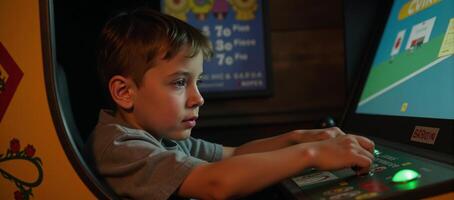 Boy interacting with vintage gaming console photo
