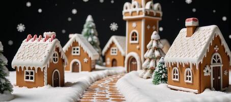 A gingerbread village amidst a winter wonderland landscape photo