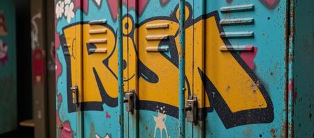 Locker adorned in grungy graffitied style against an abstract backdrop of vibrant colors photo