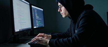 Digital illustration showcases a hacker at work with hightech equipment surrounding them photo