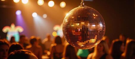 Vibrant disco ball creates shining reflections amidst festive setting emphasizing a lively and glittering party atmosphere bokeh effect photo