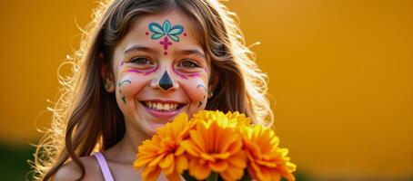 A smiley girl with colorful sugar skull makeup holds orange marigold bouquets in a sunlit setting photo