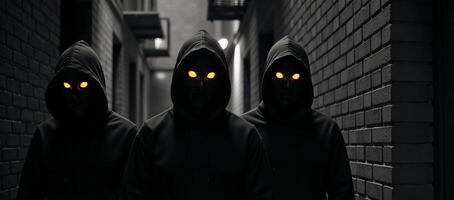 Three sinister hooded figures with glowing yellow eyes are seen lurking in a dark alleyway photo