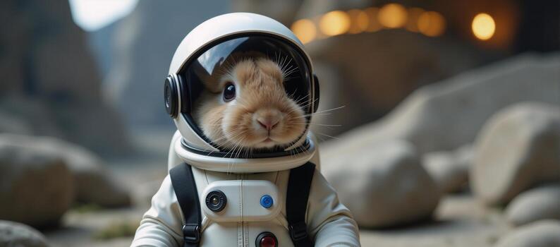 Adorable spacesuited bunny symbolizing curiosity adventure exploration of the unknown and the future photo