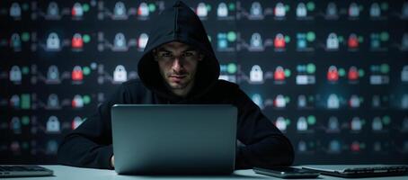 Cybersecuritythemed illustration with a hooded hacker amidst encrypted data firewalls photo