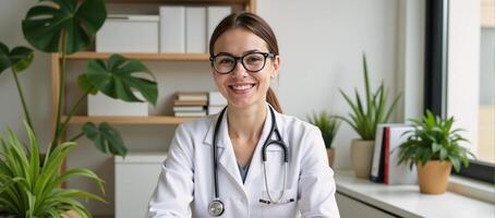 A cheerful glasswearing doctor attends to patients amidst plants and books in a neatly organized clinic photo