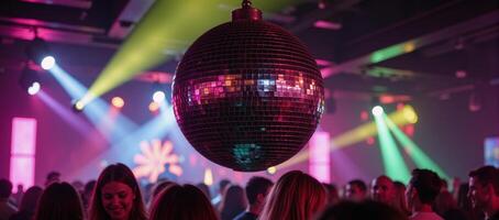 Vibrant disco ball lights highlight an abstract retroinspired nightclub scene for celebrations and music events photo