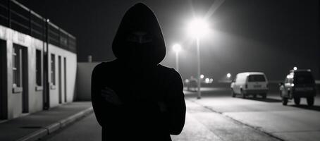 A hooded criminal or hacker is depicted with a dark silhouette in an ominous and faceless portrayal photo