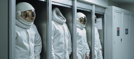 Futuristic spaceship hallways showcase rows of suspended white spacesuits in lockers photo