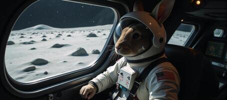 Rabbit piloting spaceship to moon Space travel anthropomorphic rabbit pilot photo