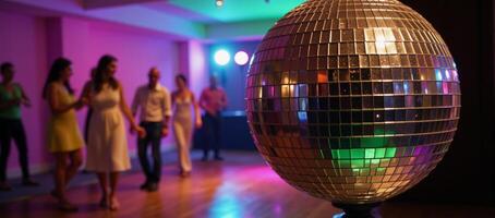 A disco ball illuminates a lively dance floor with soft musical beats photo
