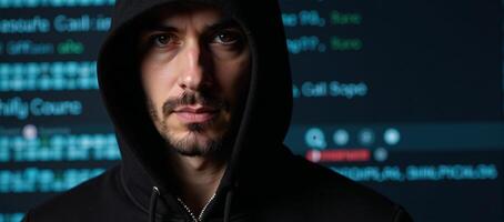 Hooded man with determined look holds emblem of protection before a digitally crafted backdrop photo