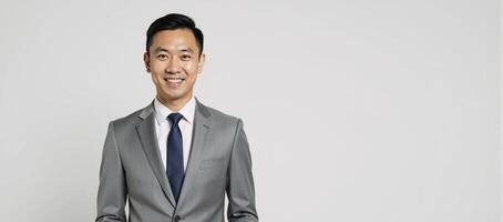 Portrait of an Asian businessman in a grey suit exuding confidence and friendliness against a purewhite backdrop photo