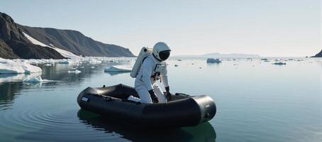 Astronaut in spacesuit on floating raft amidst icy waterscape photo