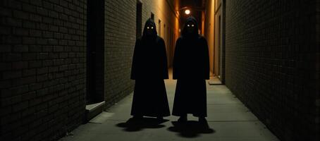 Three ominous figures with glowing yellow eyes loom in a shadowy alley photo
