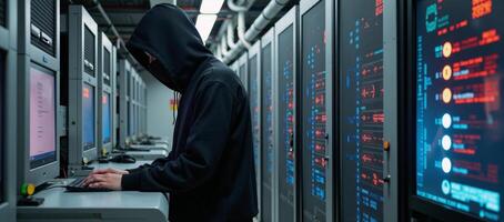 Hacker in hoodie within a data center environment photo