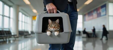 A neuralnetwork rendered image featuring a cat in a box inside an airport with cat motif details photo