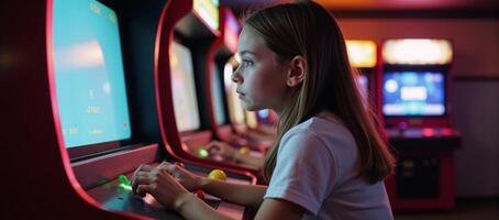 Girl playing pixel art arcade game in retro gaming hall with neon lighting photo
