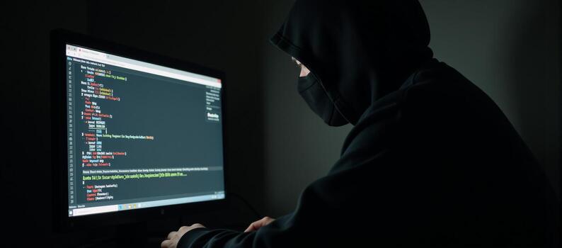 Dark Web Marketplace depicts hooded hacker engaging in Bitcoin transaction signifying secret realm of digital currency cybercrime photo