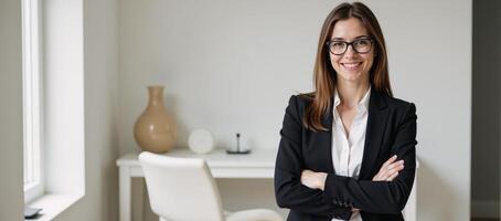 A businesswoman stands confidently in her office smiles professionally while crossing her arms and wearing glasses photo