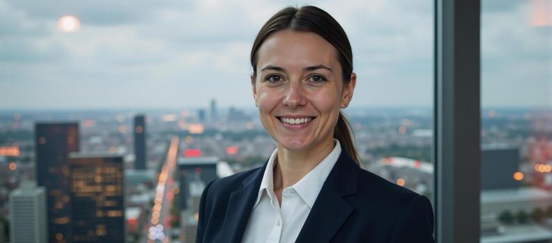 Modern business person with future tech focus doubleexposed within urban landscape Whut photo