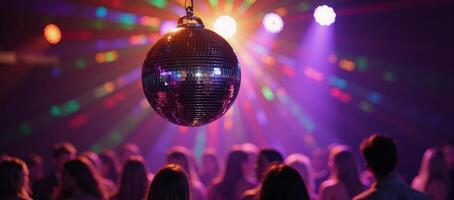 A glittering disco ball reflects party lights music and dancefloor vibes photo