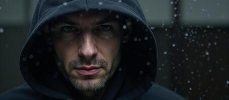 A mysterious figure with piercing gaze peering through a window photo