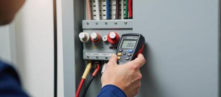 An engineer checks electricity using a voltmeter at a circuit breaker terminal photo