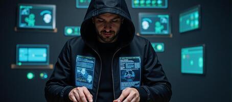 A man wearing a hood uses holographic technology as a futuristic hacker photo