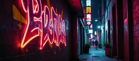 Vibrant neon graffiti illuminates a gritty cyberpunk alleyway photo