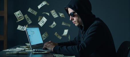 Hooded hacker steals money online through cyber crime and data theft Cyber Fraud Concept photo