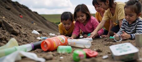 Children observe environmental pollution at a trashfilled dump site photo